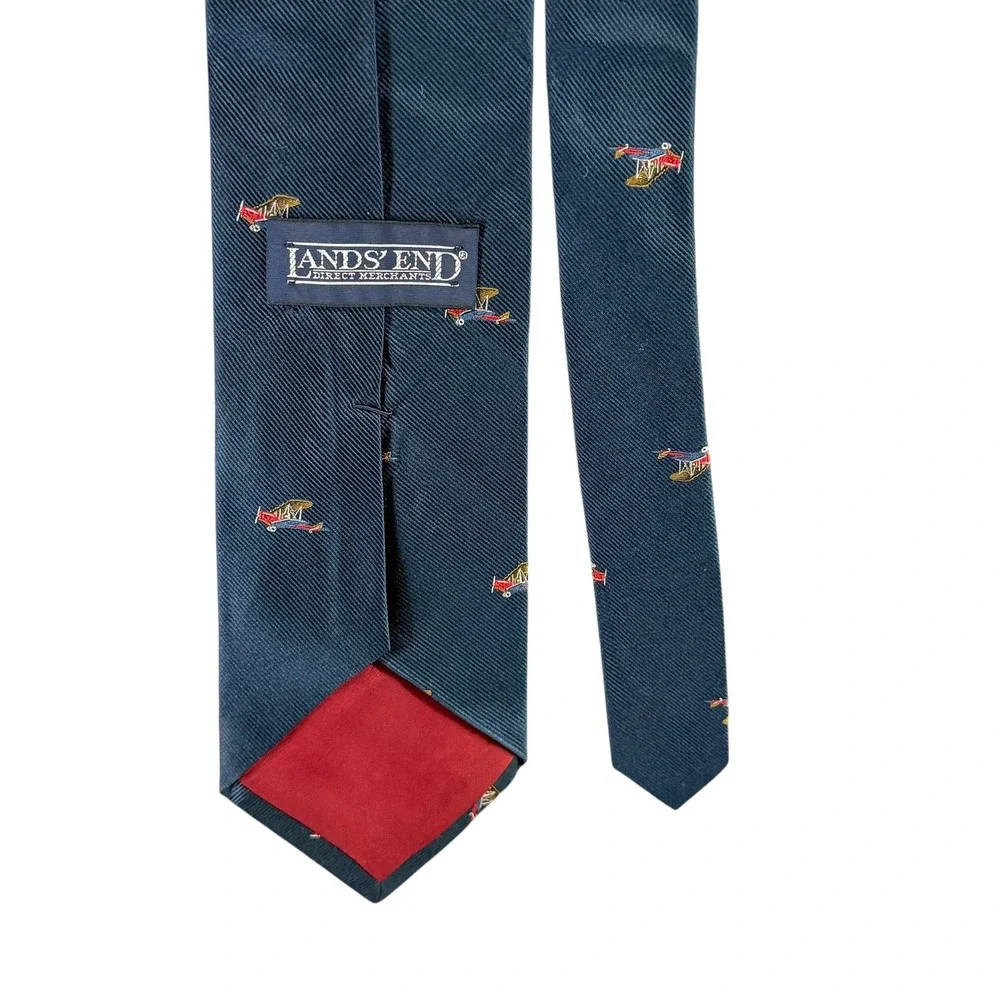 Vintage Lands End Biplane‎ Silk Tie Blue Embroidered Aviation Airplane Captain